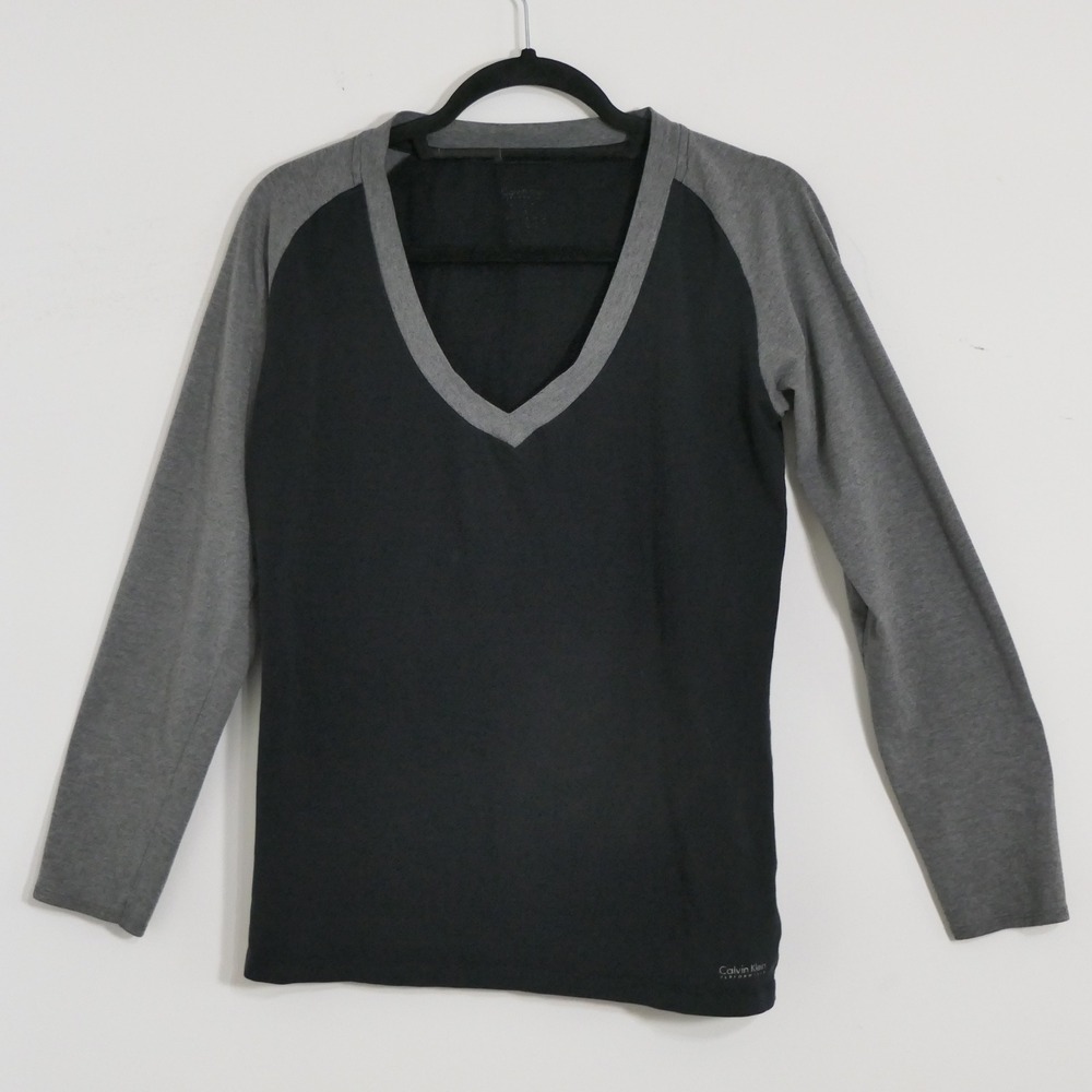 Calvin Klein Womens Performance‎ Shirt S Black Grey Athletic Long Sleeve V-Neck